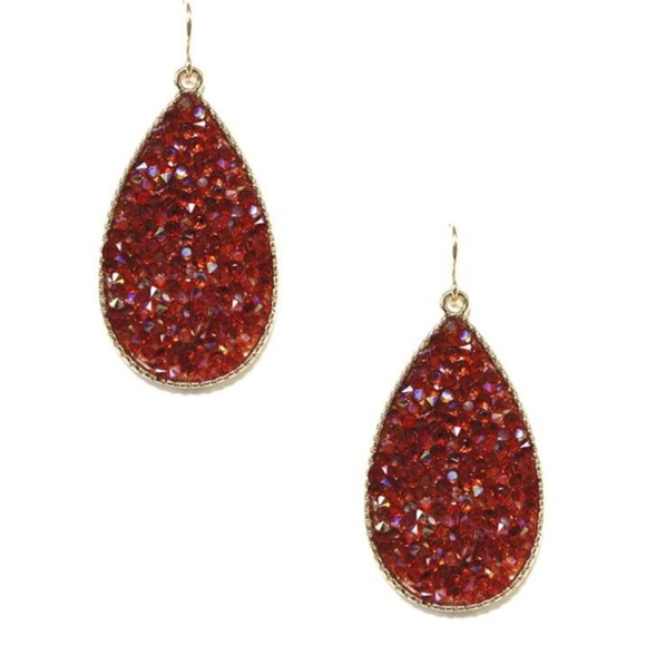 Red Aurora Borealis rhinestone Goldtone druzy earrings teardrop shaped - Picture 3 of 6